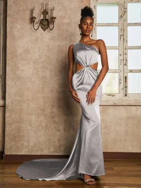 Eine Schulter Gerüsche Taille Cut-Out Maxi Kleid Silber