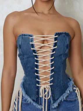 Retro-Kreuz-Jeans-Korsett-Oberteil mit Schnürung