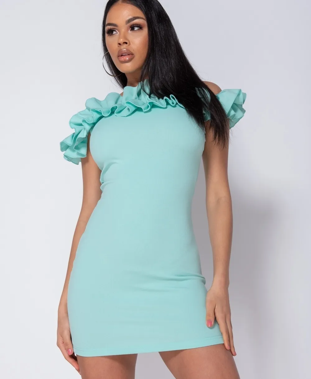 Rüschen Bardot Bodycon Minikleid - Frauen - Grün